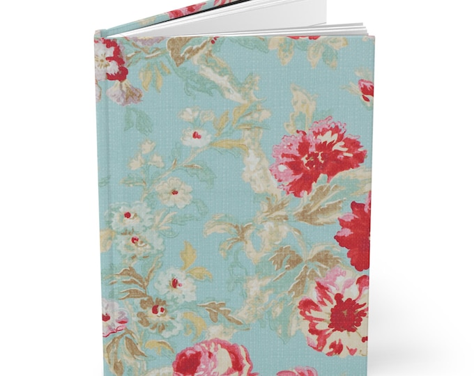 Retro Dream Pink Rose Pattern Hardcover Journal | Floral Notebook, Blue Background