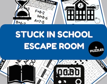 May include: A printable escape room game titled STUCK IN SCHOOL ESCAPE ROOM with 9 PUZZLES. The document features various educational tasks including an alpha count, a school building icon, a timer icon, a book icon, and a grid of letters.
