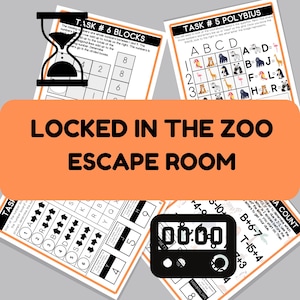 Può includere: Uno striscione arancione con la scritta "LOCKED IN THE ZOO ESCAPE ROOM" è centrato. L'immagine include fogli di puzzle con compiti, una clessidra e un timer digitale che mostra 00:00. Il tema è un gioco di fuga.