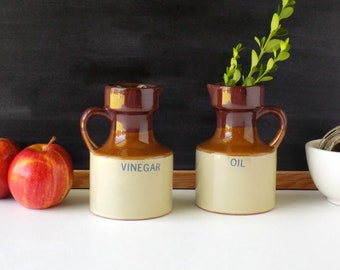 Oil and Vinegar Set. Stoneware Jugs. Cruet Set. Antique Farmhouse Kitchen Decor. Primitive Decor. French Country Decor. Rustic Kitchen.