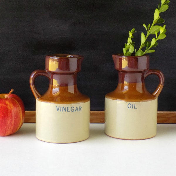 Oil and Vinegar Set. Stoneware Jugs. Cruet Set. Antique Farmhouse Kitchen Decor. Primitive Decor. French Country Decor. Rustic Kitchen.