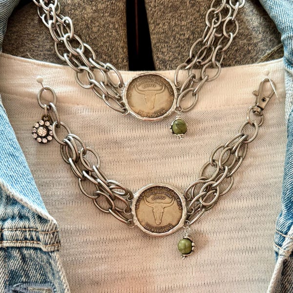 Texas Coin Choker Bracelet Set - Antique Silver Plated Triple Chain