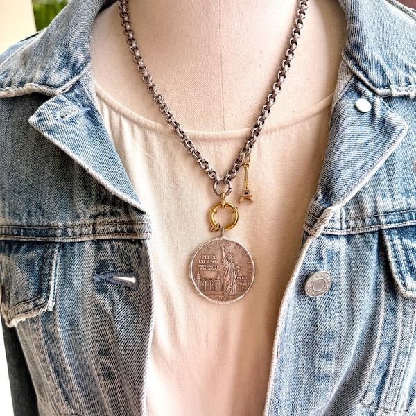Coins and Relics: Vintage Style Chunky Chain Necklace, Ellis Island Coin & Eiffel Tower Charm