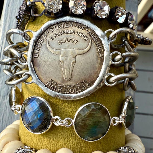 Antique silver plated Texas coin (copy) statement bracelet with triple chain cuff