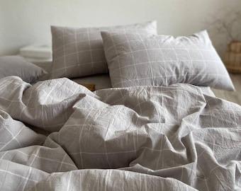 Parure de lit grise en coton bouilli - Taies d'oreiller et draps classiques, parure de lit en coton bio - Parure de lit king ou queen size