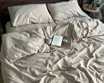 Beige Boiled Cotton Bedding Set - Natural Cotton Duvet Cover Set & Pillowcases – Twin, Double, Full, Queen, King, Custom Size