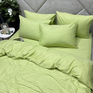 Pistachio striped Satin Bedding Set –Natural Cotton Duvet Cover Set & Pillowcases – Twin, Double, Full, Queen, King, Custom Size