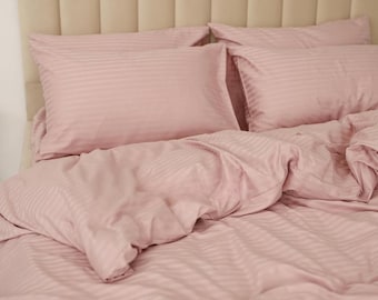 Juego de ropa de cama de satén a rayas rosas – Funda nórdica y fundas de almohada de algodón natural – Tamaños disponibles: individual, doble, matrimonial, queen, king y a medida.