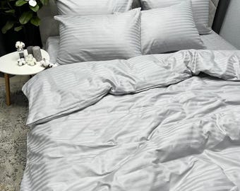Set di biancheria da letto in raso di cotone a righe grigio chiaro - Set copripiumino e federe, singolo, matrimoniale, a una piazza e mezza, queen size, king size, misure personalizzate