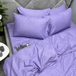 Lavender striped Satin Bedding Set –Natural Cotton Duvet Cover Set & Pillowcases – Twin, Double, Full, Queen, King, Custom Size