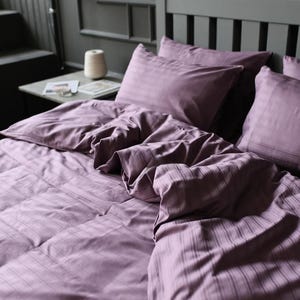 Plum / Purple Lux Striped Satin Bedding Set –Natural Cotton Duvet Cover Set & Pillowcases – Twin, Double, Full, Queen, King, Custom Size
