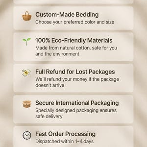 May include: Image with text about e-commerce services. Includes "Express Shipping", "Custom-Made Bedding", "100% Eco-Friendly Materials", "Full Refund for Lost Packages", "Secure International Packaging", "Fast Order Processing", and "24/7 Customer Support".
