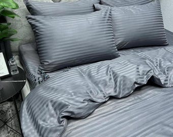 Set copripiumino in raso di cotone a righe grigie – Copripiumino, lenzuolo con angoli e federa, misure singolo, matrimoniale, queen size e king size, misure personalizzate