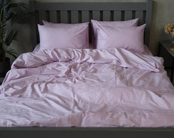 Provencal Lavender Striped Satin Bedding Set –Natural Cotton Duvet Cover Set & Pillowcases – Twin, Double, Full, Queen, King, Custom Size