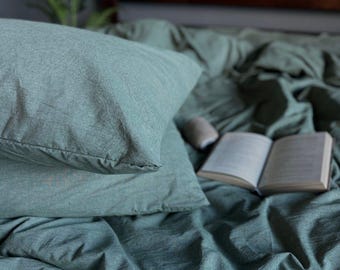 Olive Green Boiled Cotton Bedding Set – Organic Bed Sheets & Pillowcases