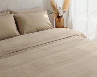 Beige Boiled Cotton Bedding Set – Natural Cotton Duvet Cover Set & Pillowcases – Twin, Double, Full, Queen, King, Custom Size