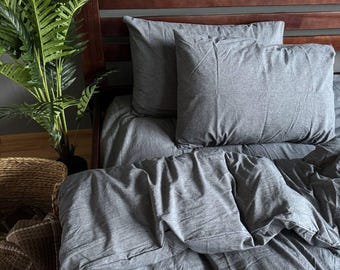 Graphite Boiled Cotton Bedding Set – Natural Cotton Duvet Cover Set & Pillowcases – Twin, Double, Full, Queen, King, Custom Size