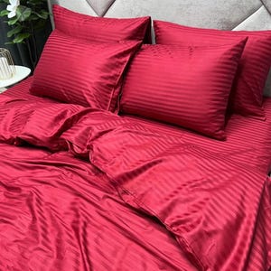 Rot gestreiftes Satin-Bettwäsche-Set - Natürliche Baumwolle Bettbezug-Set & Kissenbezüge - Zwilling, Doppel, Voll, Königin, König, Benutzerdefinierte Größe