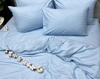 Light Blue Striped Cotton Satin Bedding Set