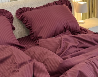 Burgundy / Maroon  Striped Cotton Bedding Set – Ruffled Pillowcases ,Twin, Full, Queen, King, Custom Sizes