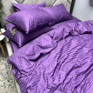 Bright Purple Striped Satin Bedding Set –Natural Cotton Duvet Cover Set & Pillowcases – Twin, Double, Full, Queen, King, Custom Size