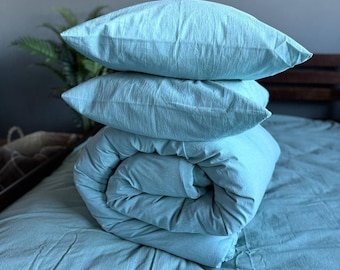 Mint Boiled Cotton Bedding Set - Natural Cotton Duvet Cover Set & Pillowcases – Twin, Double, Full, Queen, King, Custom Size
