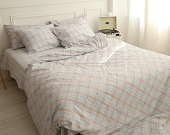 Light Blue Washed Cotton Plaid Set, Soft Check Pattern Bedding, Twin Queen King, Custom Size Bedding