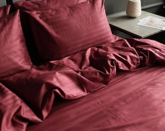 Burgundy Striped Satin Bedding Set –  Duvet Cover Set, Fitted Sheet Pillowcases, Twin Full Queen King, Custom Sizes