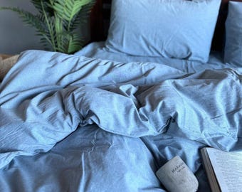 Sky Blue Boiled Cotton Bedding Set – Organic King/Queen Sheets