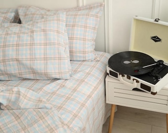 Washed Cotton Plaid Duvet Cover Set, Soft Check Pattern Bedding, Twin Queen King, Custom Size Bedding