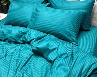 Aqua Striped Satin Bedding Set – Natural Cotton Duvet Cover & Pillowcases