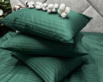 Green Striped Cotton Fitted Sheet and Pillowcase, Bedding Set 4 pc - Queen, King, Full, Twin and Custom, 2 Pillowcase