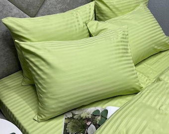 Pistachio Striped Cotton Satin Bedding Set -  Sheet Pillowcases, 100% Cotton Duvet Cover, Custom Sizes and Color