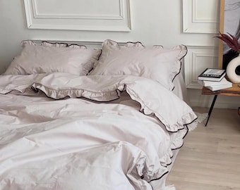 Gray Ruffle Bedding Set, Duvet Cover, Fitted Sheet & Pillowcases, Twin Full Queen King, Custom Sizes
