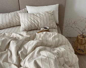 White Striped Boiled Cotton Bedding Set – Custom Size, Organic Cotton, Gift for Her