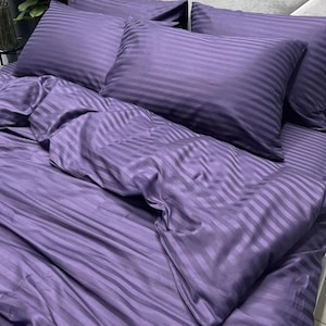 Violet | Purple Striped Satin Bedding Set –Natural Cotton Duvet Cover Set & Pillowcases – Twin, Double, Full, Queen, King, Custom Size