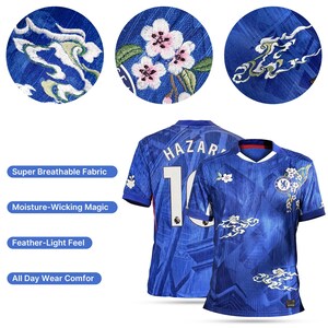 May include: Blue football shirt with floral embroidery in white and pink, and the name "HAZAR" and the number 10 on the back. The shirt has a white collar and the text "Super Breathable Fabric", "Moisture-Wicking Magic", "Feather-Light Feel", and "All Day Wear Comfor".