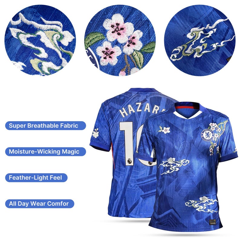 May include: Blue football shirt with floral embroidery in white and pink, and the name "HAZAR" and the number 10 on the back. The shirt has a white collar and the text "Super Breathable Fabric", "Moisture-Wicking Magic", "Feather-Light Feel", and "All Day Wear Comfor".