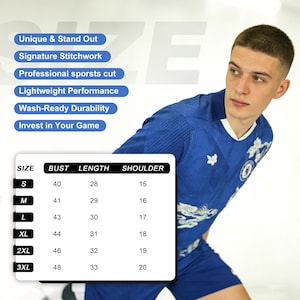 May include: A blue sports jersey with white detailing and a round neck. The image includes a size chart with bust, length, and shoulder measurements in inches. Text on the image includes "Unique & Stand Out" and "Invest in Your Game."