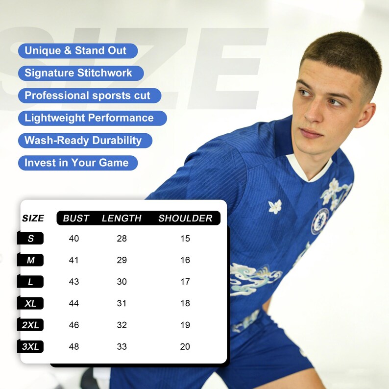 May include: A blue sports jersey with white detailing and a round neck. The image includes a size chart with bust, length, and shoulder measurements in inches. Text on the image includes "Unique & Stand Out" and "Invest in Your Game."