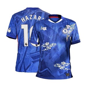 May include: A blue Chelsea football shirt with "HAZAR" and the number "10" on the back. The shirt has white floral and cloud patterns, and the Chelsea team emblem is on the front.