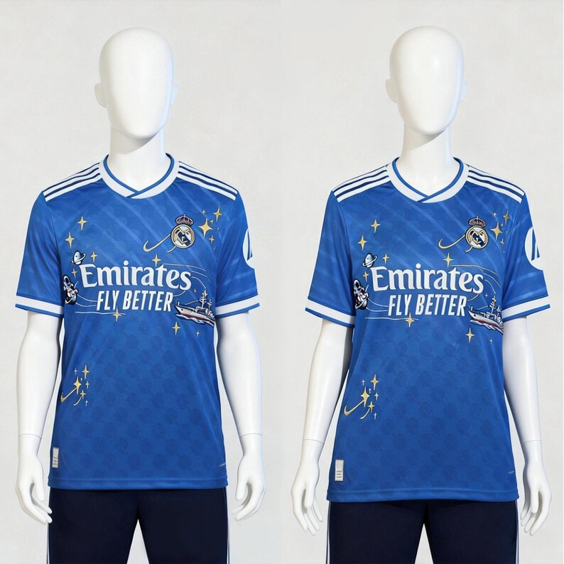 Puede incluir: Dos camisetas de f&uacute;tbol azules con detalles blancos y el texto "Emirates FLY BETTER." Las camisetas presentan un escudo, estrellas y una ilustraci&oacute;n de barco. Las camisetas se muestran en maniqu&iacute;es.