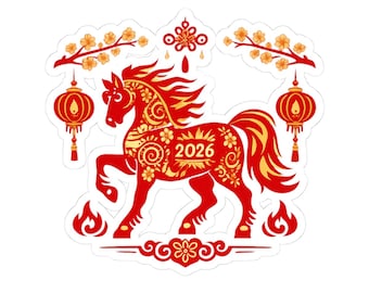 Chinese New Year 2026 Horse Sticker , Year of the Horse Lunar New Year Red Gold Vinyl Sticker