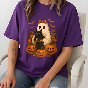 Vintage Halloween Ghost Cat T-Shirt: Retro Floral Fall Graphic Tee