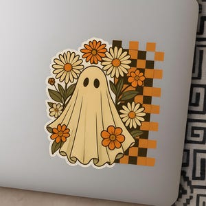 Vintage Ghost and Flowers Sticker - Retro Floral Halloween Decal - Cute Spooky Season Vinyl for Laptops, Water Bottles, Journals