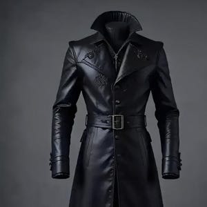 Men&#39;s Genuine Leather Trench Coat - Gothic Long Black Overcoat, Steampunk Matrix Jacket, Full-Length Winter Fashion Coat