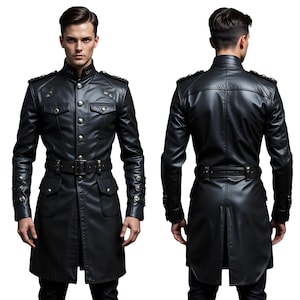 Handmade Gothic Military Leather Coat | Men’s Long Black Genuine Leather Jacket | Steampunk Trench Coat | Custom Tailored Overcoat