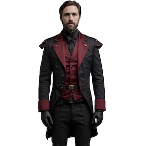 Gothic Victorian Steampunk Tailcoat: Unisex Red & Black Cotton Cosplay Jacket