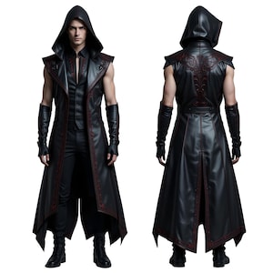 Handmade Black Vampire Leather Hooded Trench Coat | Gothic Steampunk Sleeveless Long Vest | Genuine Leather Cosplay Outfit