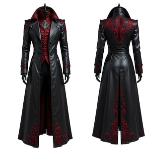 Gothic Vampire Trench Coat – Black & Red Leather Vampire Coat – Steampunk Victorian Cosplay Jacket – Dark Fantasy Dracula Halloween Costume